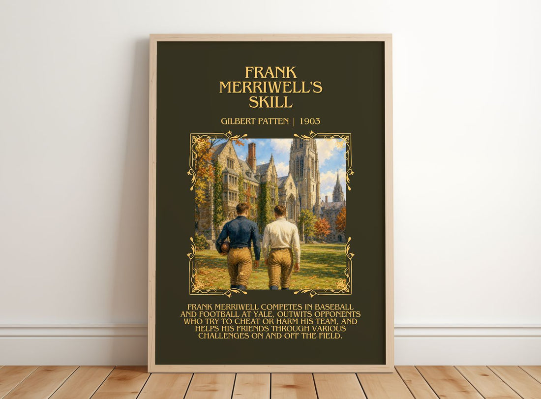 Frank Merriwell'S Skill Minimalist Book Poster by Gilbert Patten – framed print leaning on a wooden floor