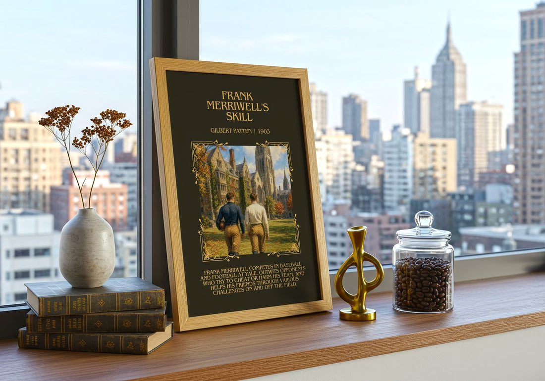Frank Merriwell'S Skill Minimalist Book Poster by Gilbert Patten – framed print on a city-view windowsill