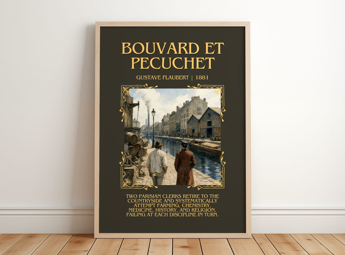 Bouvard Et Pécuchet Minimalist Book Poster by Gustave Flaubert – framed print leaning on a wooden floor