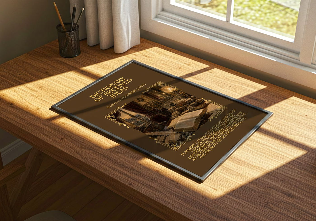 Dictionary Of Received Ideas Minimalist Book Poster by G. Flaubert – print on a sunlit desk