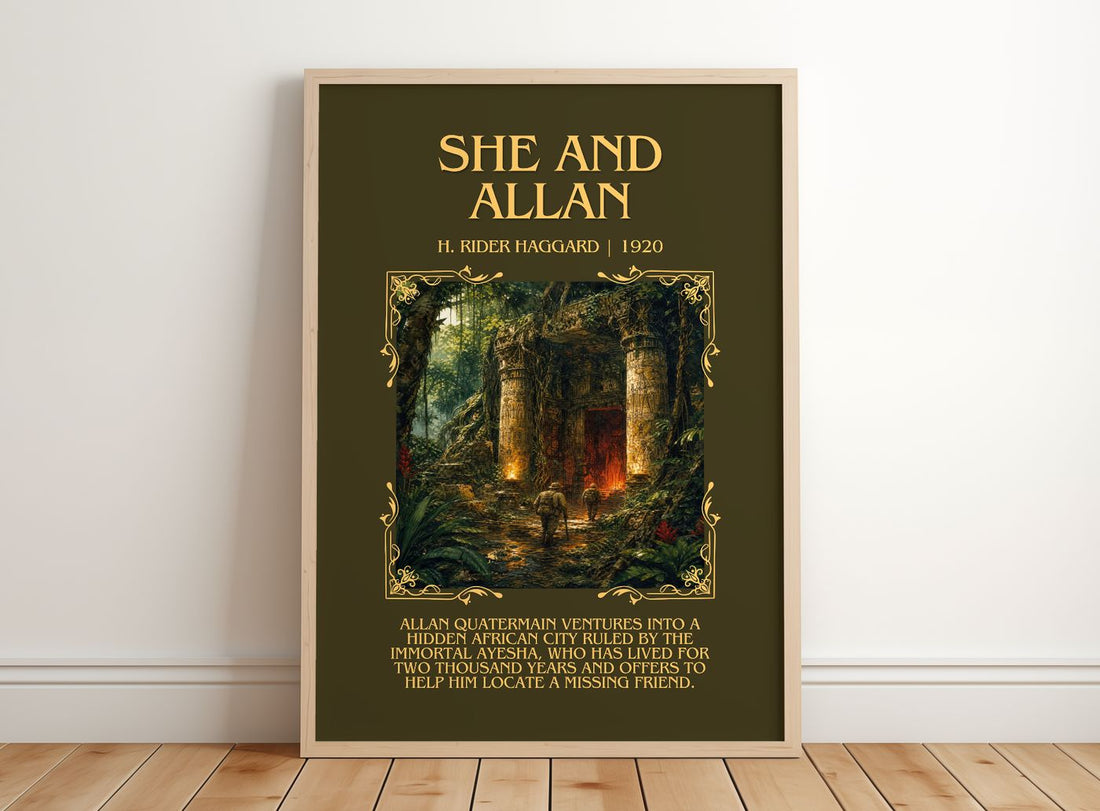 She And Allan Minimalist Book Poster by H. Rider Haggard – framed print leaning on a wooden floor