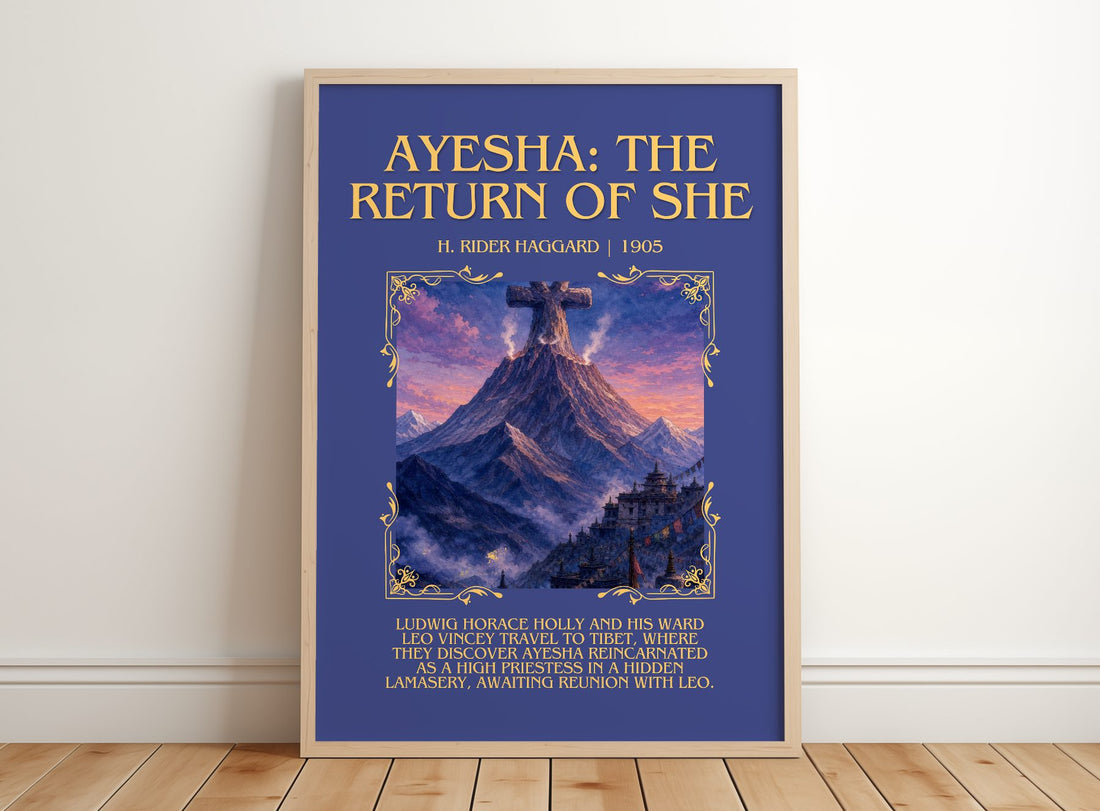 Ayesha: The Return Of She Minimalist Book Poster by H. Rider Haggard – framed print leaning on a wooden floor