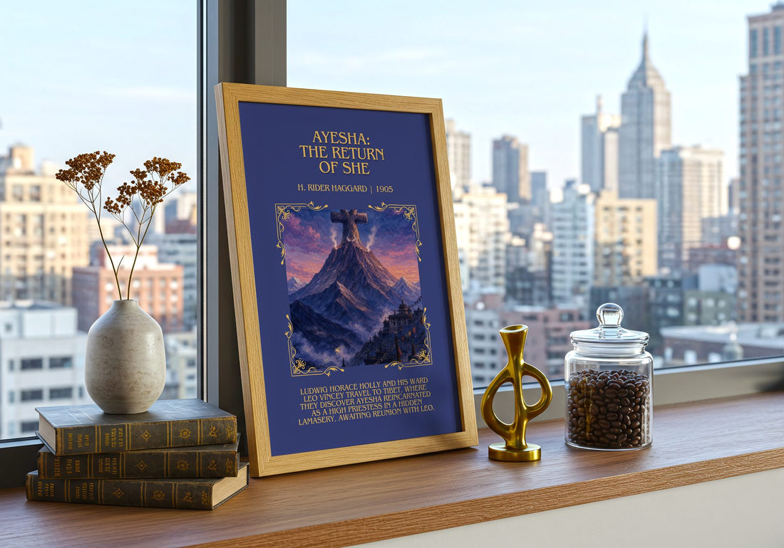 Ayesha: The Return Of She Minimalist Book Poster by H. Rider Haggard – framed print on a city-view windowsill