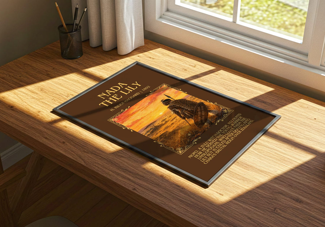 Nada The Lily Minimalist Book Poster by H. Rider Haggard – print on a sunlit desk