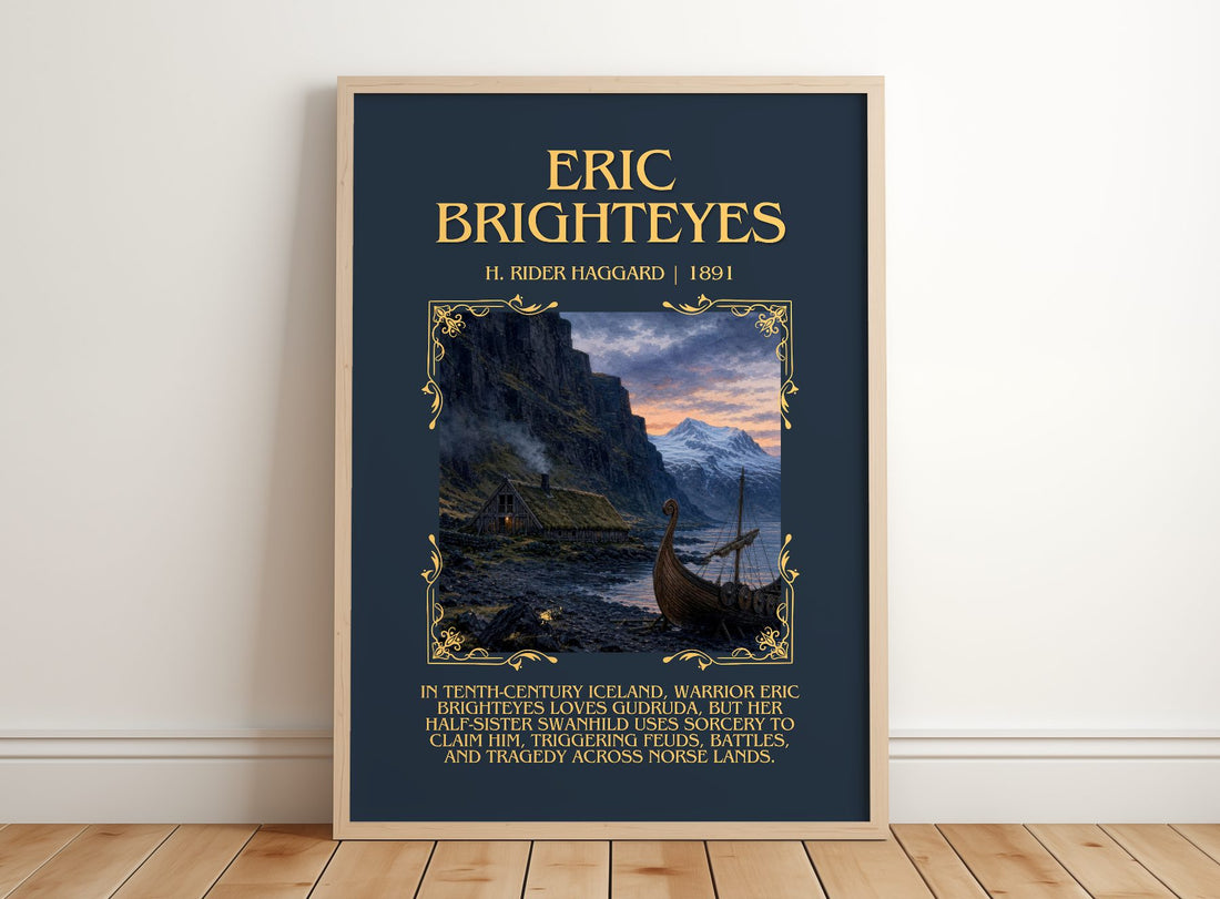 Eric Brighteyes Minimalist Book Poster by H. Rider Haggard – framed print leaning on a wooden floor
