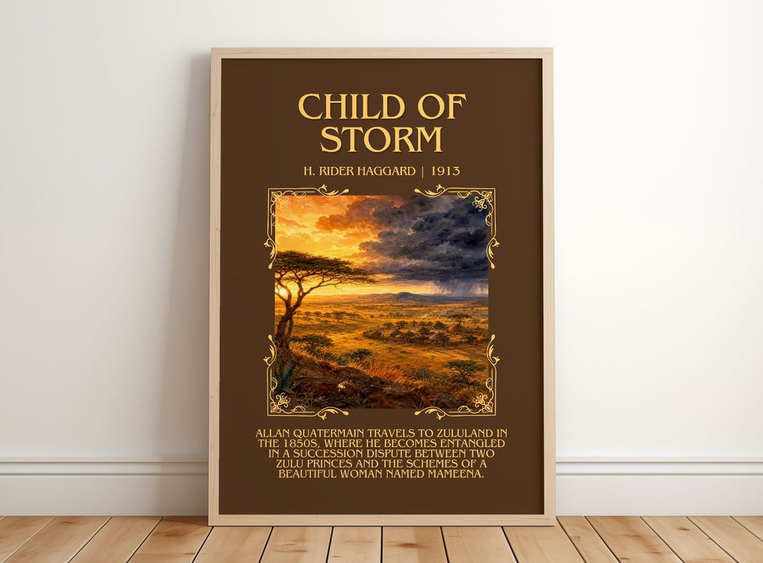 Child Of Storm Minimalist Book Poster by H. Rider Haggard – framed print leaning on a wooden floor