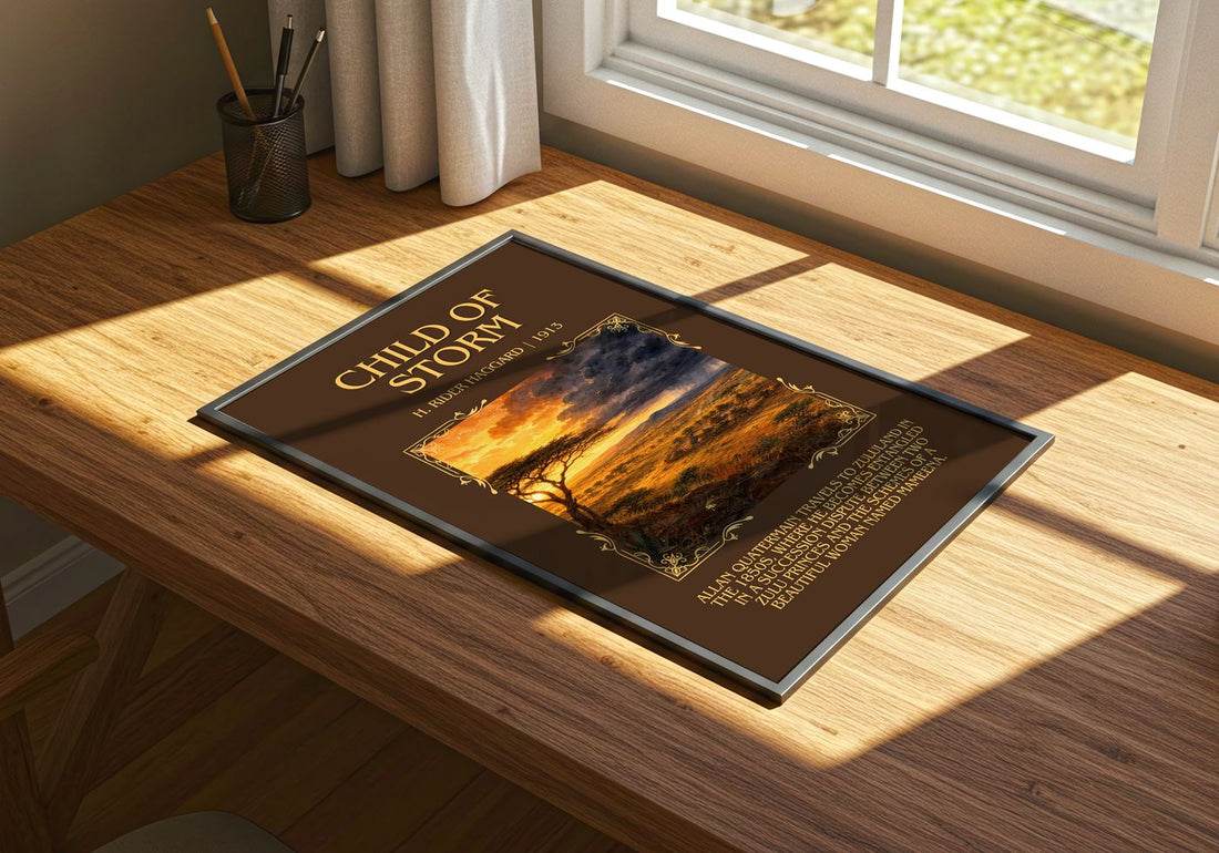 Child Of Storm Minimalist Book Poster by H. Rider Haggard – print on a sunlit desk