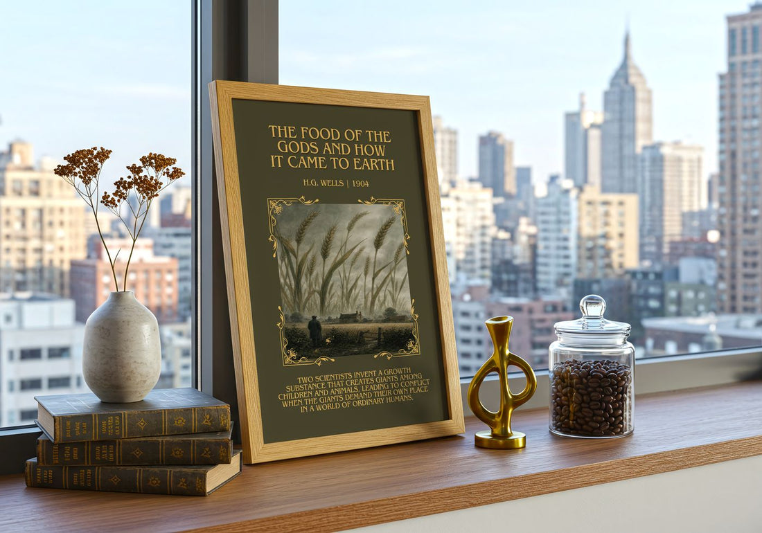 Food Of The Gods And How It Came To Earth Minimalist Book Poster – framed print on a city-view windowsill