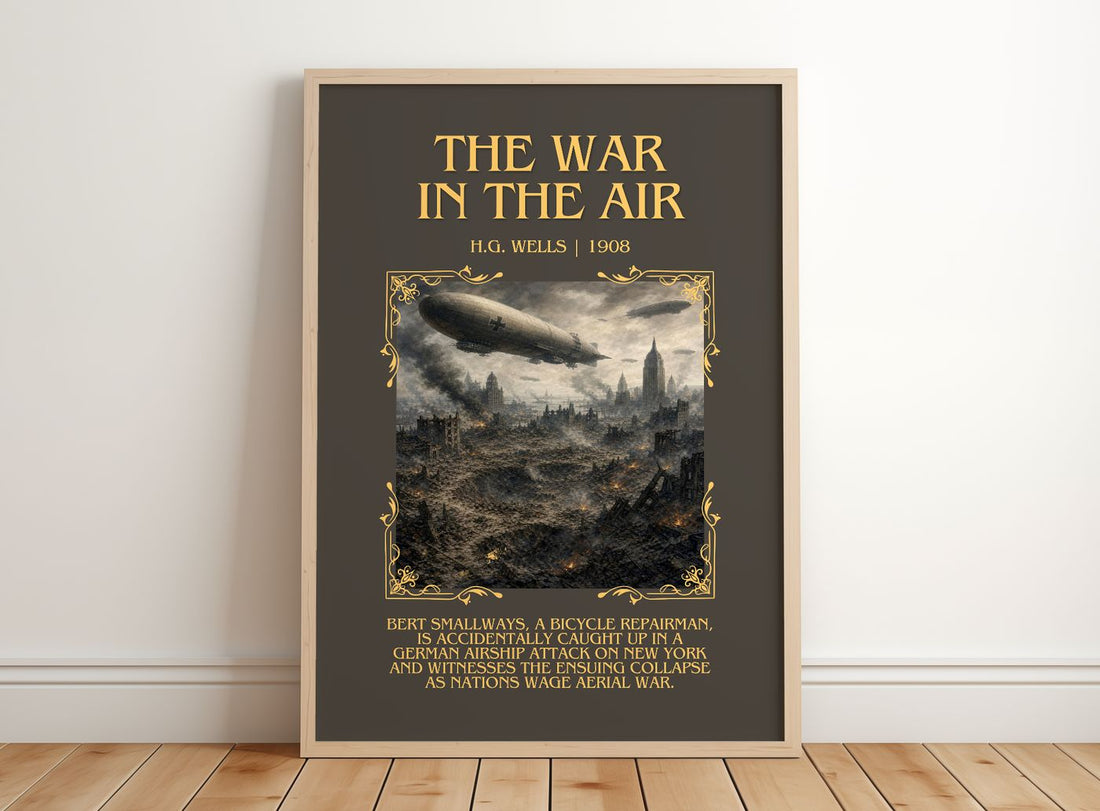 The War In The Air Minimalist Book Poster by H.G. Wells – framed print leaning on a wooden floor