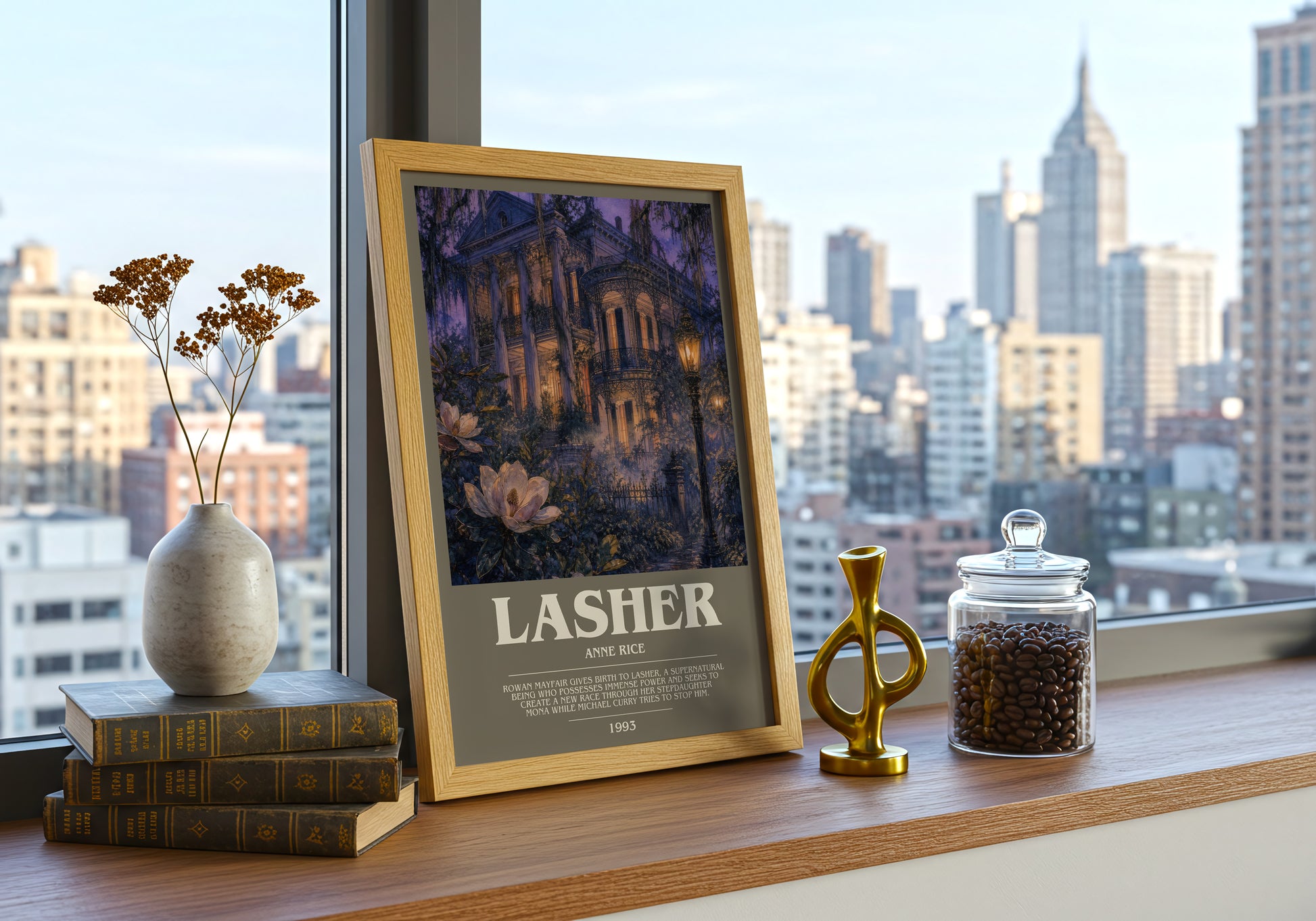 Lasher bookish print framed by window – literary home decor