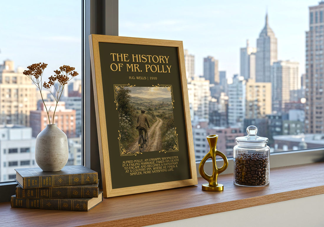 The History Of Mr. Polly Minimalist Book Poster by H.G. Wells – framed print on a city-view windowsill