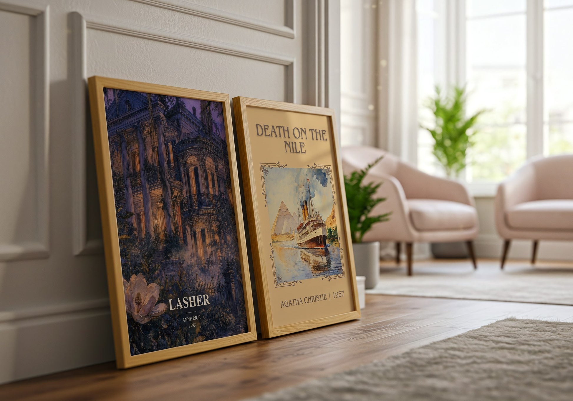 Lasher watercolour print framed by window – literary home decor