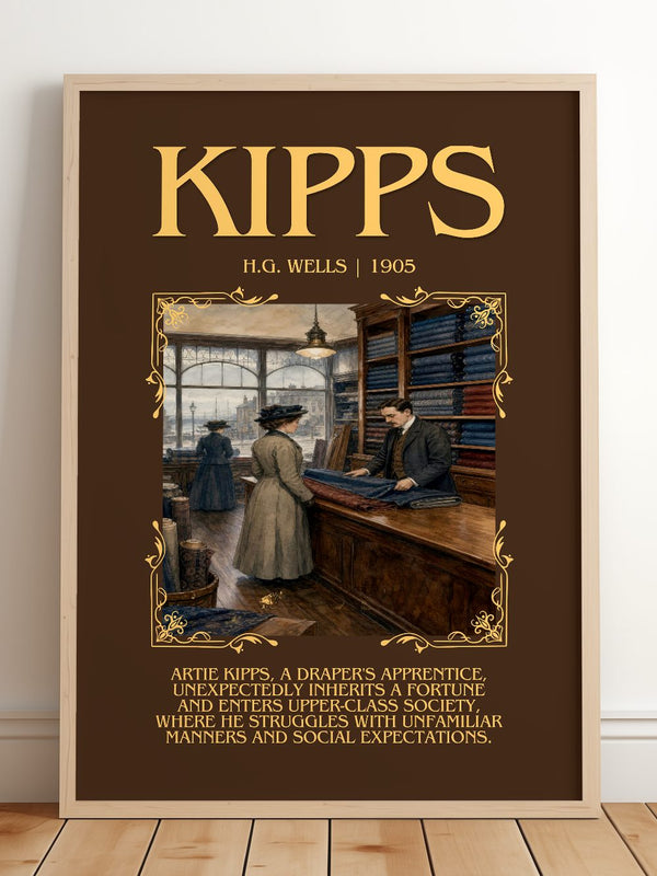 Kipps Minimalist Book Poster by H.G. Wells – framed print leaning on a wooden floor