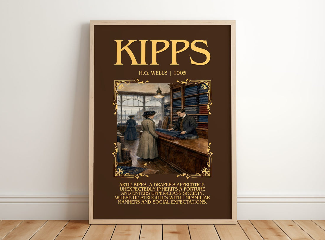 Kipps Minimalist Book Poster by H.G. Wells – framed print leaning on a wooden floor