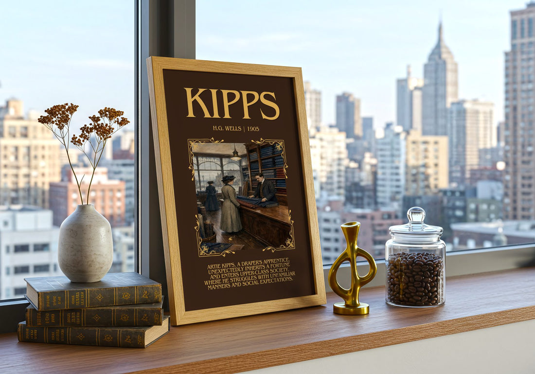 Kipps Minimalist Book Poster by H.G. Wells – framed print on a city-view windowsill