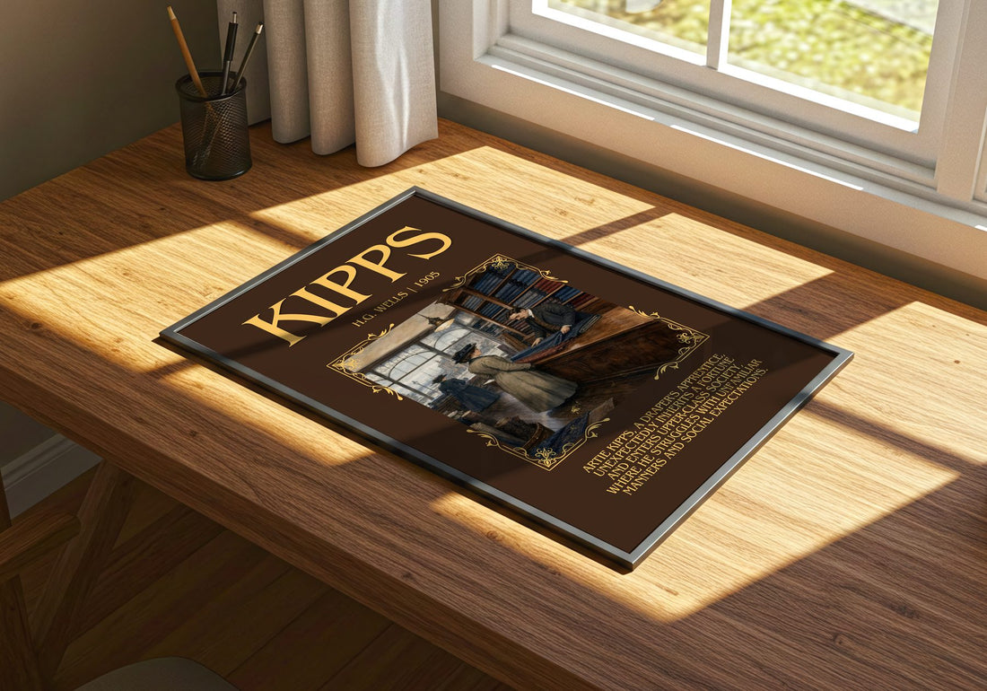 Kipps Minimalist Book Poster by H.G. Wells – print on a sunlit desk