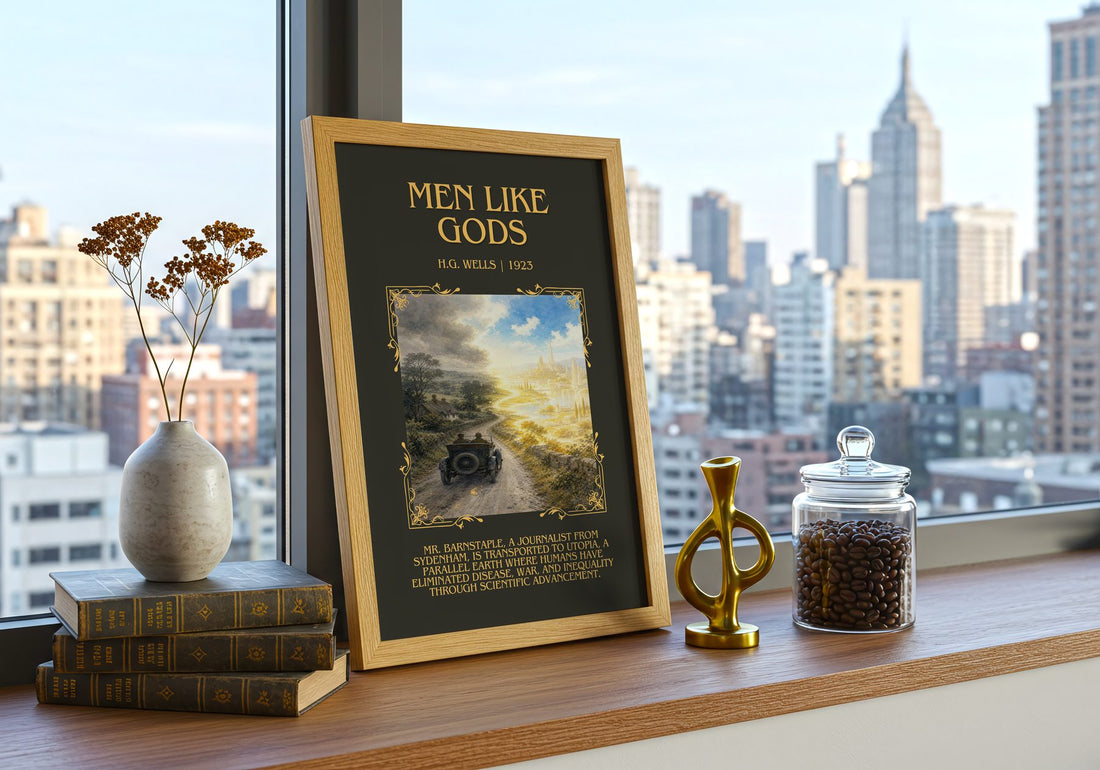 Men Like Gods Minimalist Book Poster by H.G. Wells – framed print on a city-view windowsill