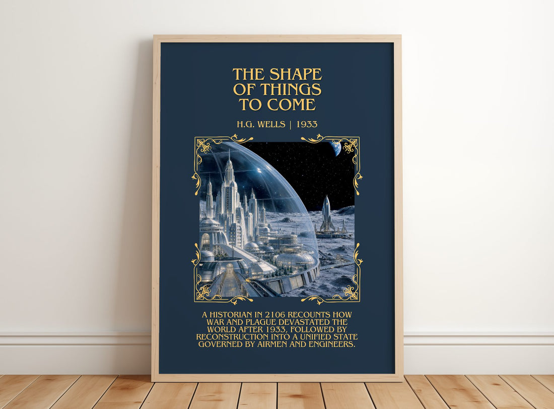 The Shape Of Things To Come Minimalist Book Poster by H.G. Wells – framed print leaning on a wooden floor