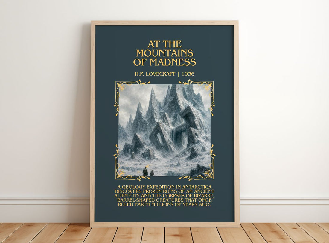 At The Mountains Of Madness Minimalist Book Poster by H.P. Lovecraft – framed print leaning on a wooden floor