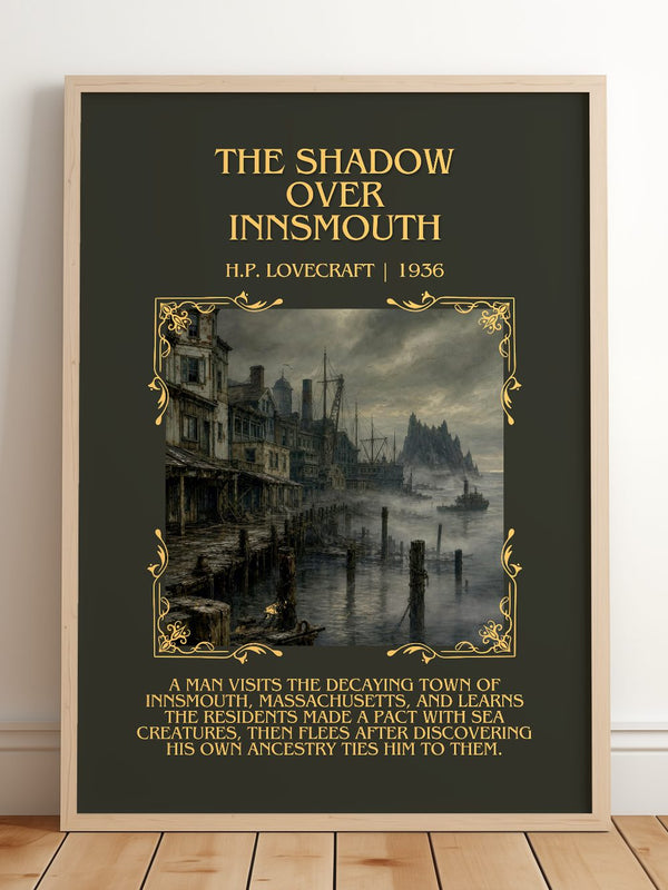 The Shadow Over Innsmouth Minimalist Book Poster by H.P. Lovecraft – framed print leaning on a wooden floor