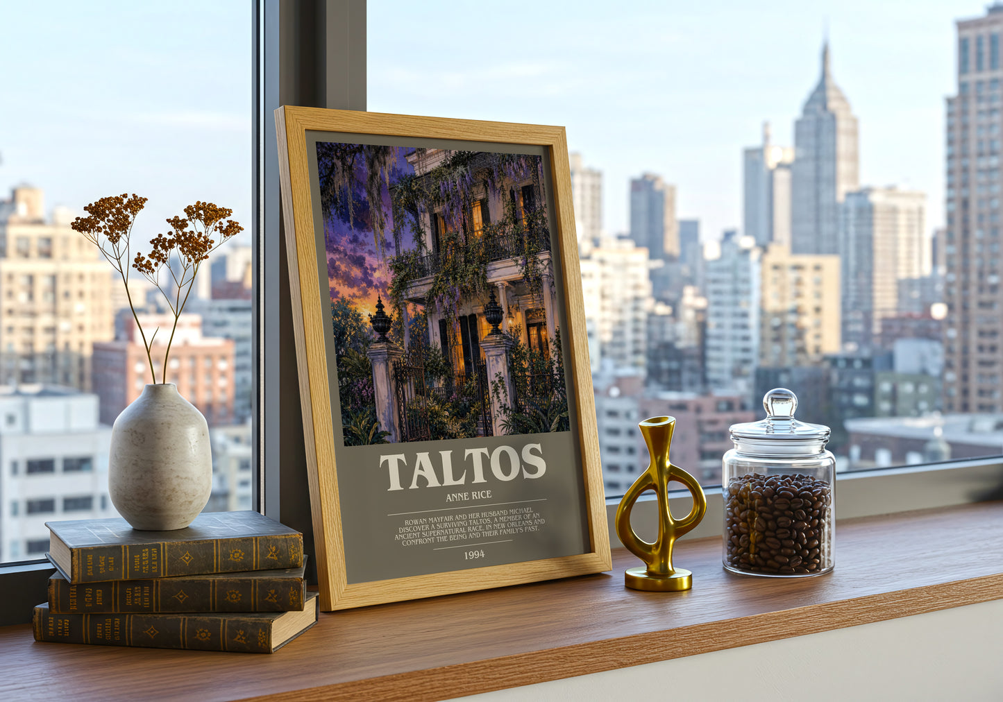 Taltos bookish print framed by window – literary home decor