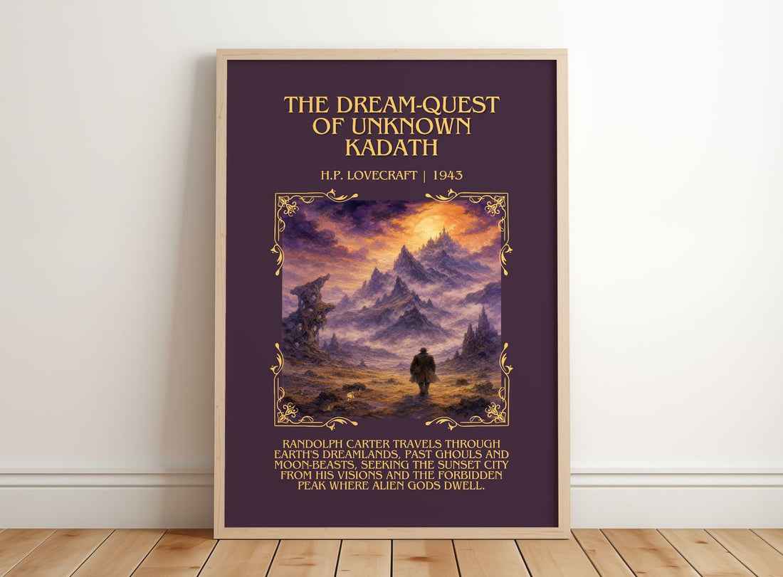 Dream-Quest Of Unknown Kadath Minimalist Book Poster by H.P. Lovecraft – framed print leaning on a wooden floor