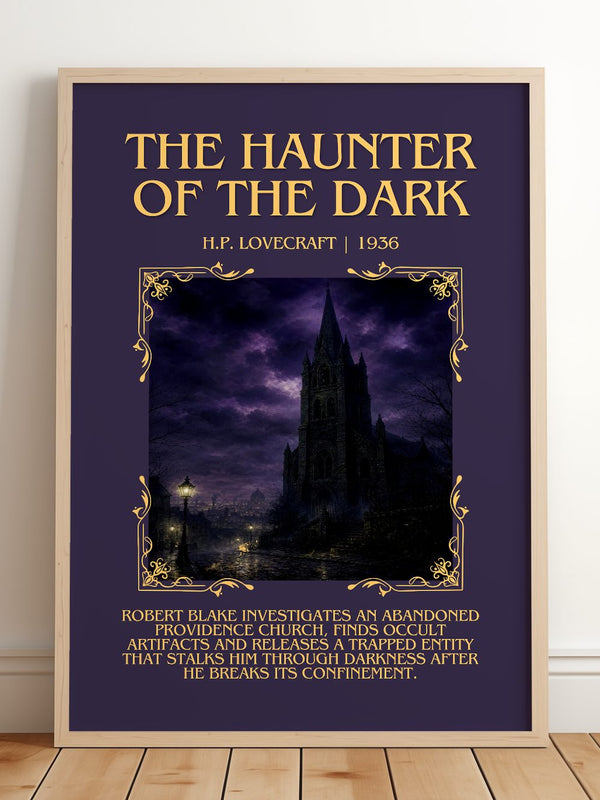 The Haunter Of The Dark Minimalist Book Poster by H.P. Lovecraft – framed print leaning on a wooden floor