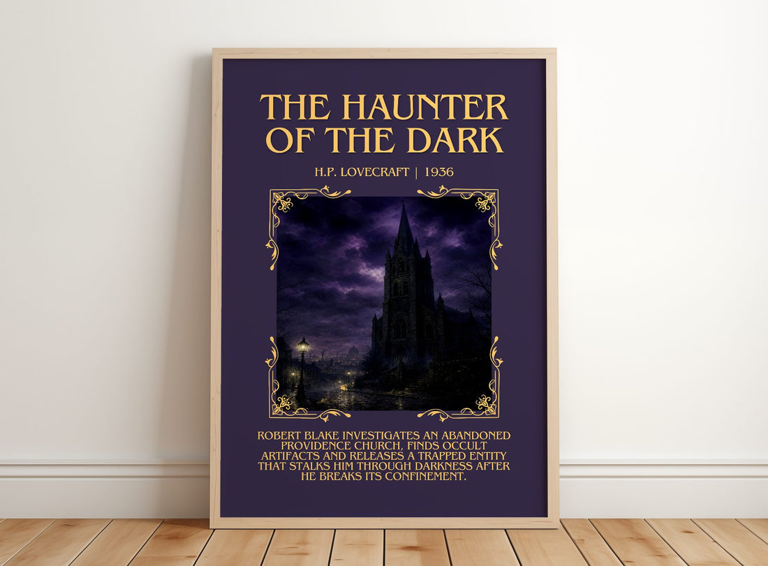 The Haunter Of The Dark Minimalist Book Poster by H.P. Lovecraft – framed print leaning on a wooden floor