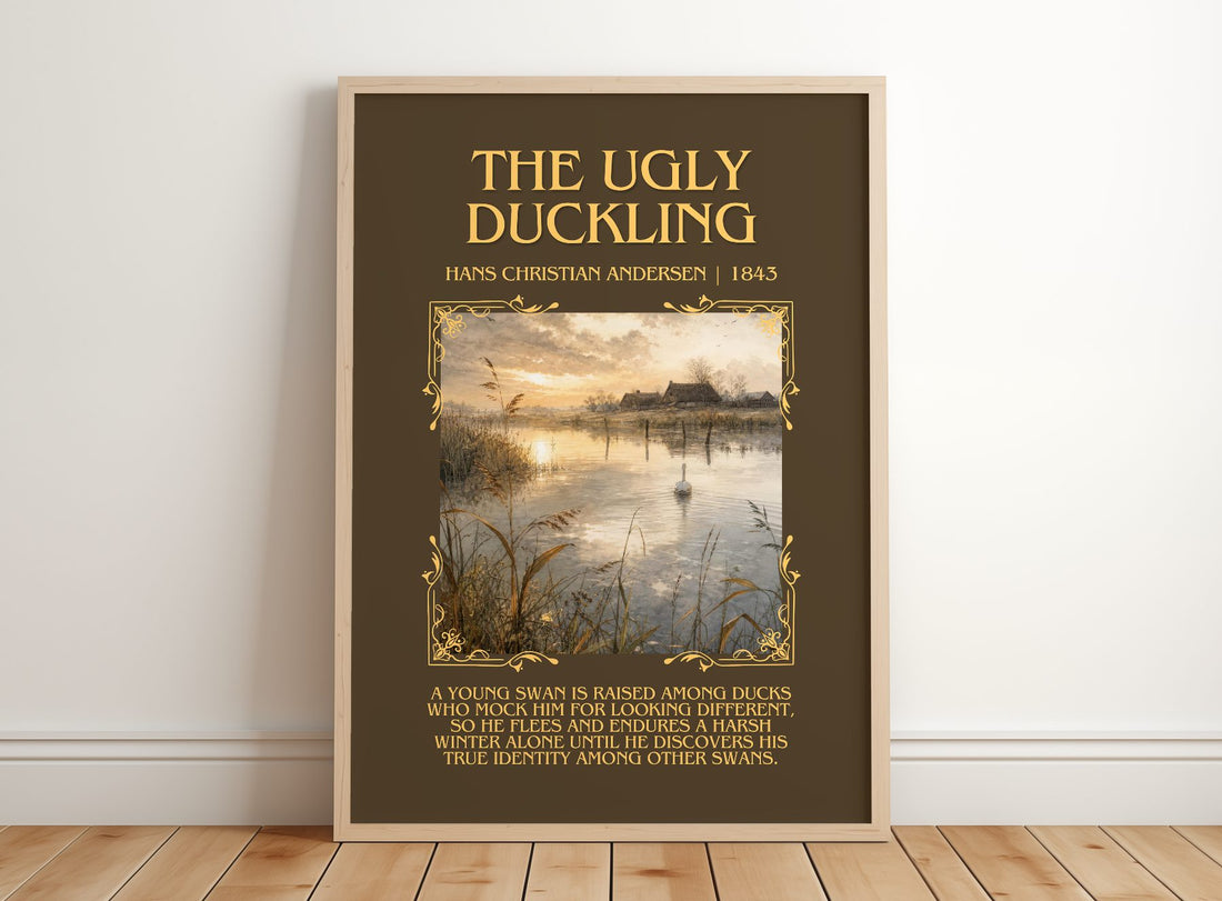 The Ugly Duckling Minimalist Book Poster by Hans Christian Andersen – framed print leaning on a wooden floor