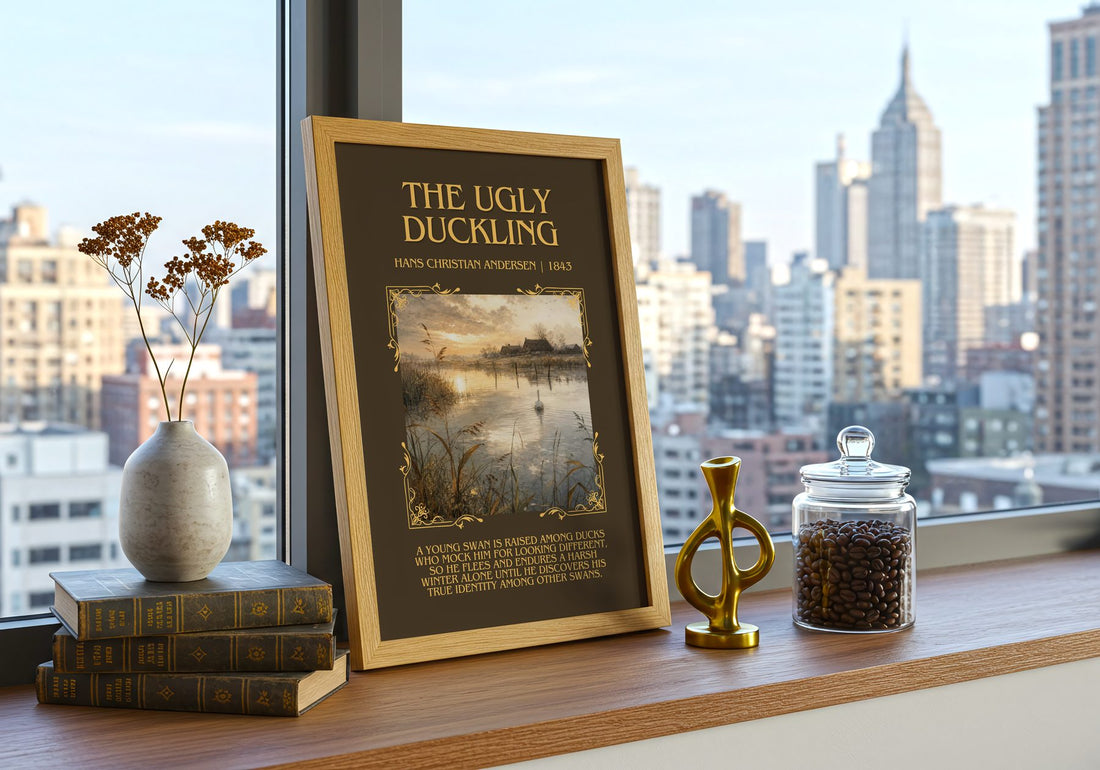 The Ugly Duckling Minimalist Book Poster by Hans Christian Andersen – framed print on a city-view windowsill