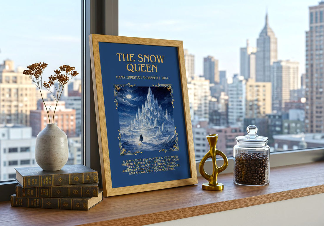 The Snow Queen Minimalist Book Poster by Hans Christian Andersen – framed print on a city-view windowsill