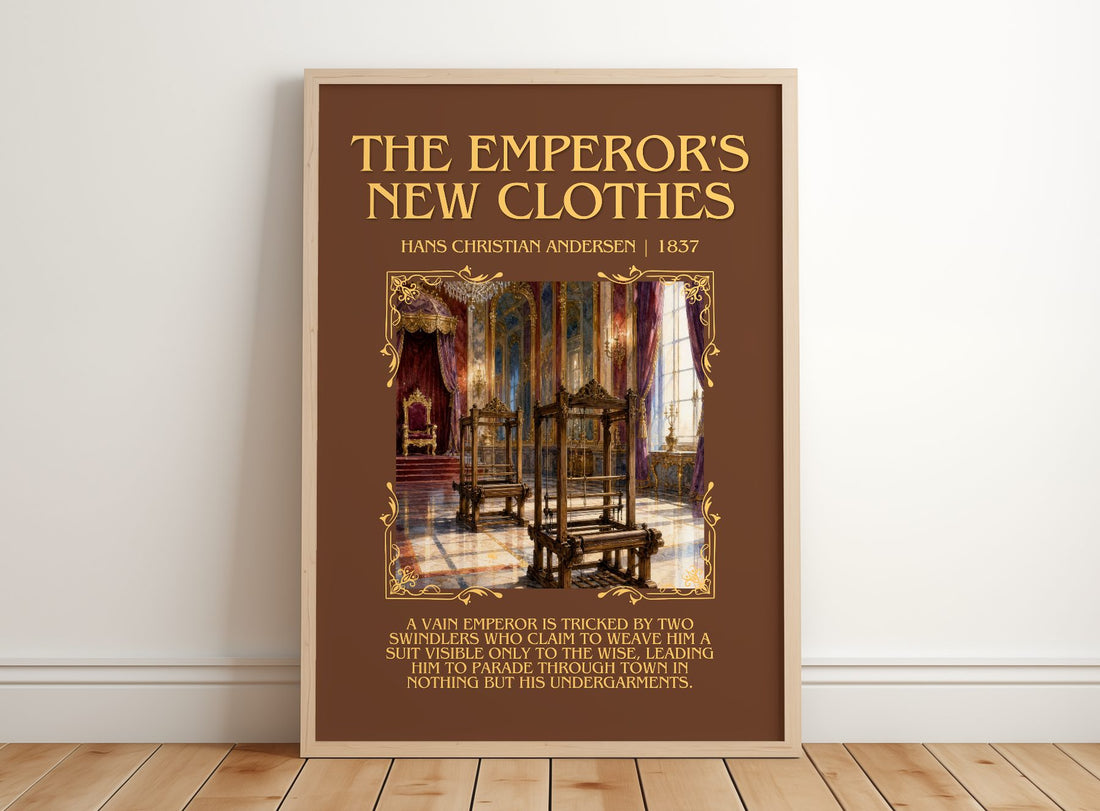 Emperor'S New Clothes Minimalist Book Poster by H. Andersen – framed print leaning on a wooden floor