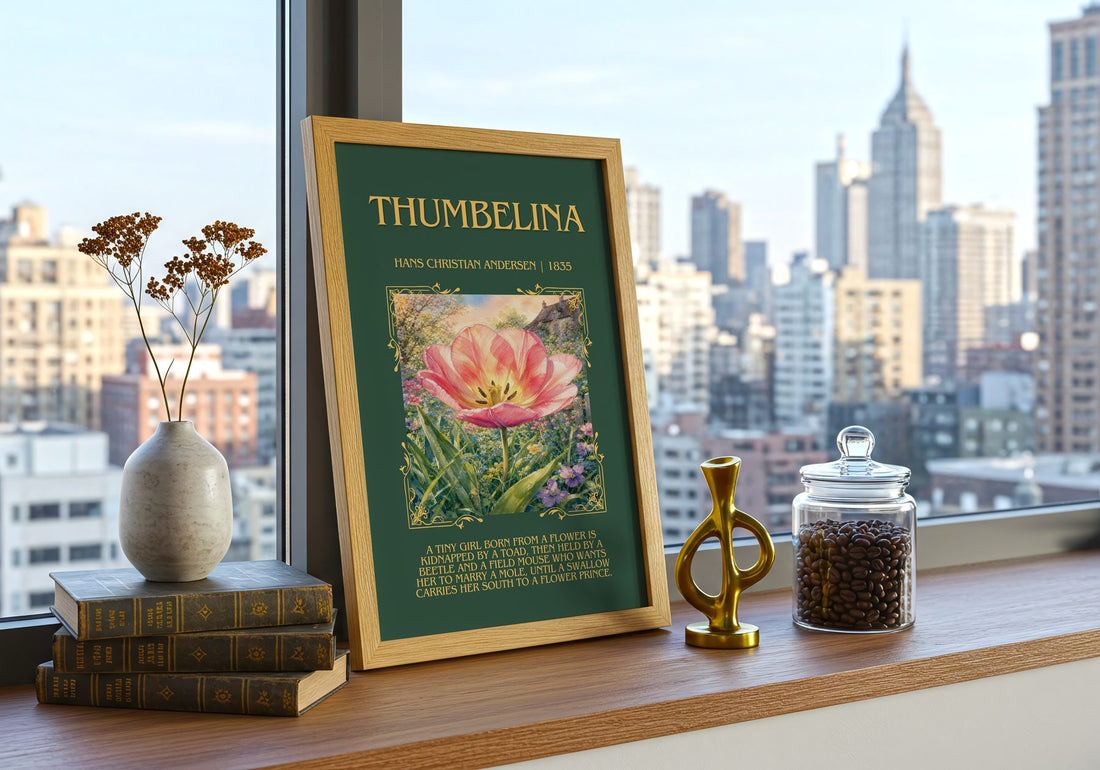 Thumbelina Minimalist Book Poster by Hans Christian Andersen – framed print on a city-view windowsill