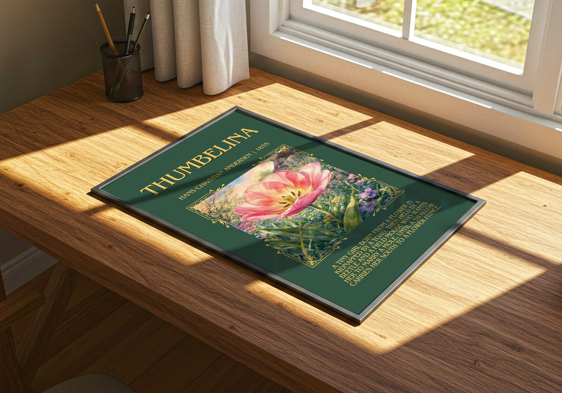 Thumbelina Minimalist Book Poster by Hans Christian Andersen – print on a sunlit desk