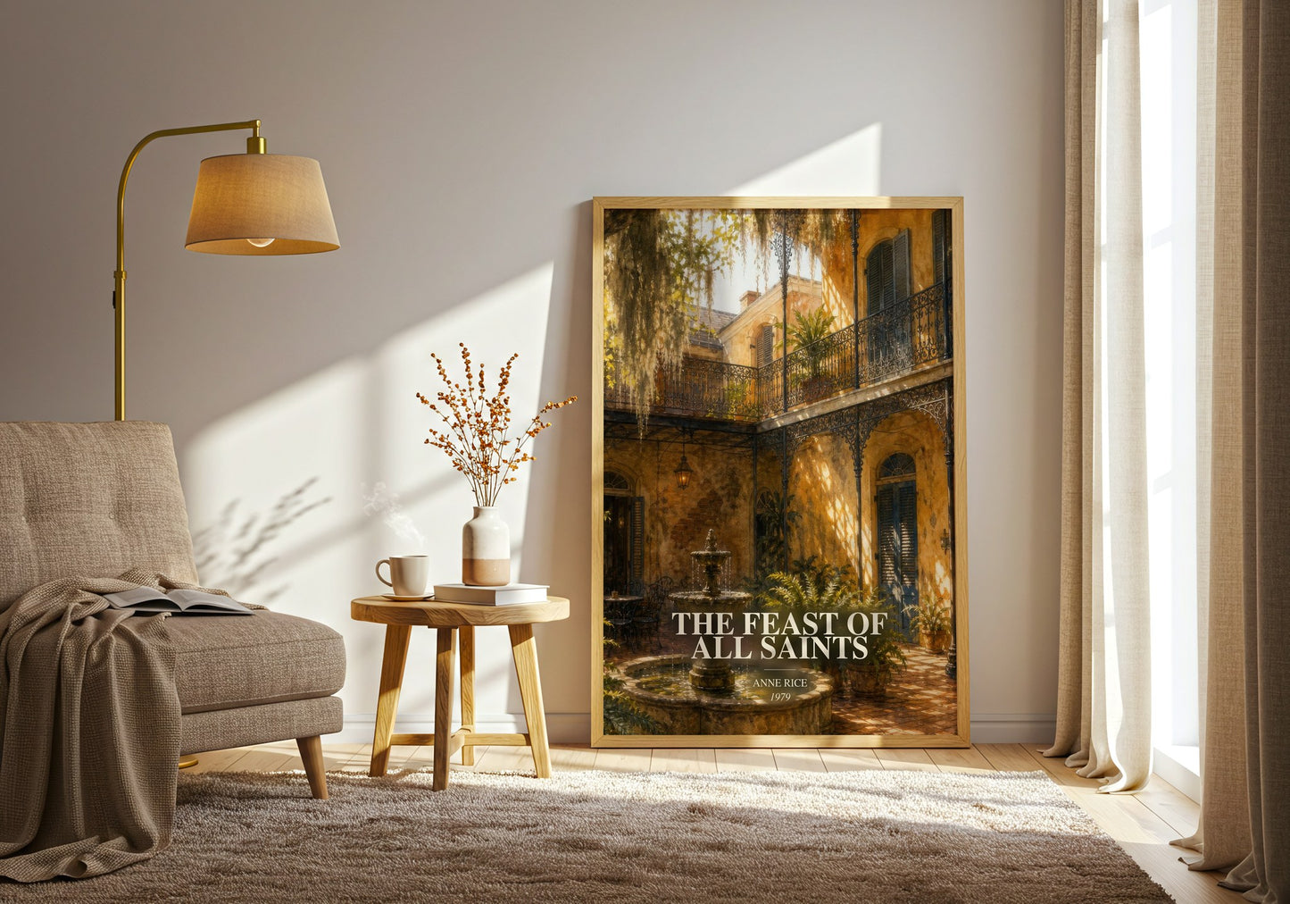 The Feast Of All Saints watercolour print in frame leaning in hallway – historical fiction wall art