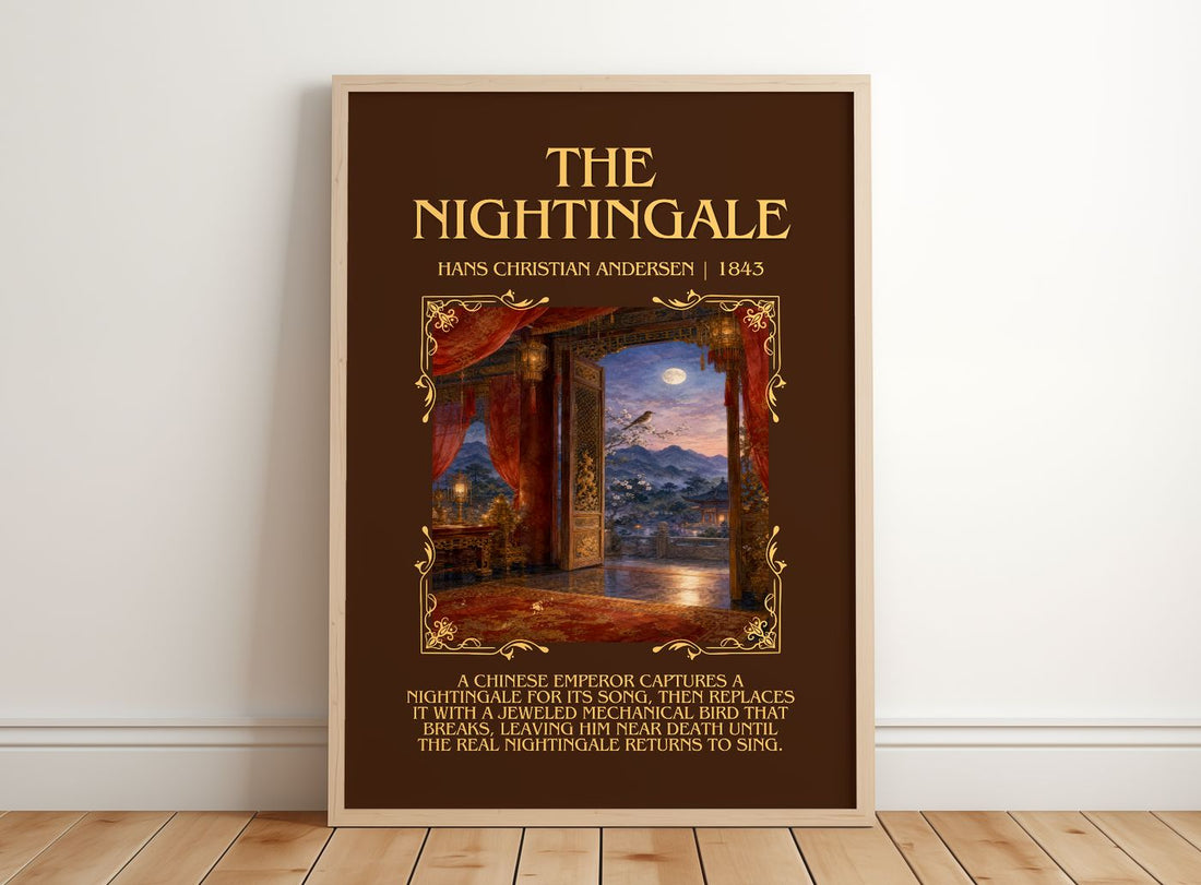 The Nightingale Minimalist Book Poster by Hans Christian Andersen – framed print leaning on a wooden floor
