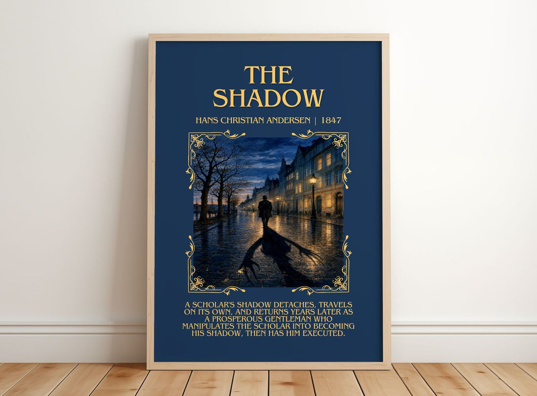 The Shadow Minimalist Book Poster by Hans Christian Andersen – framed print leaning on a wooden floor