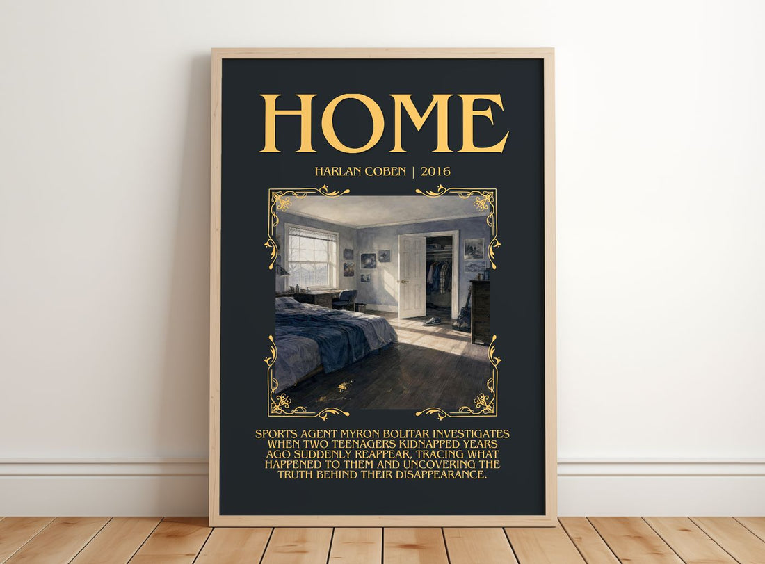 Home Minimalist Book Poster by Harlan Coben – framed print leaning on a wooden floor