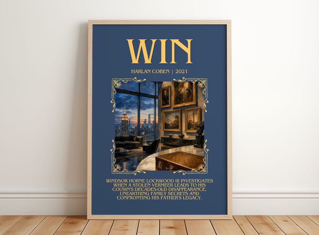 Win Minimalist Book Poster by Harlan Coben – framed print leaning on a wooden floor