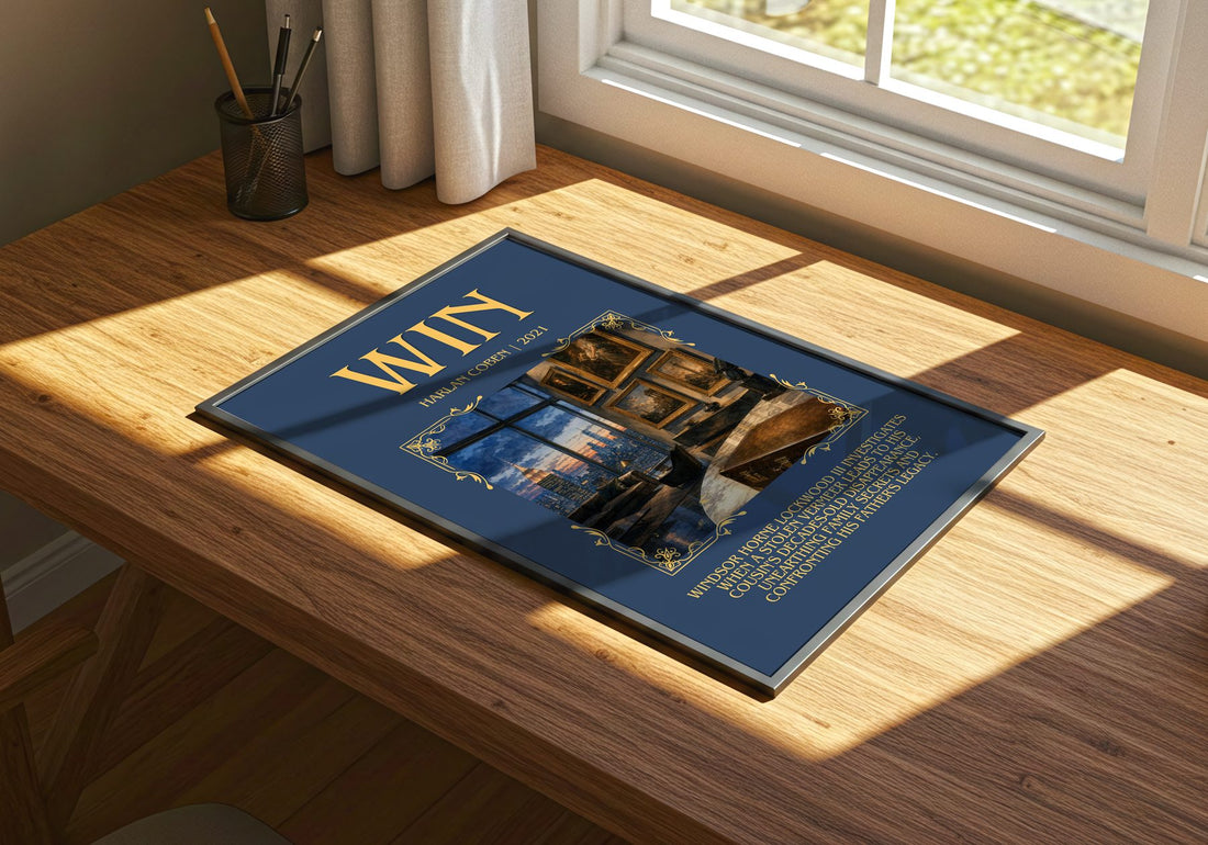 Win Minimalist Book Poster by Harlan Coben – print on a sunlit desk