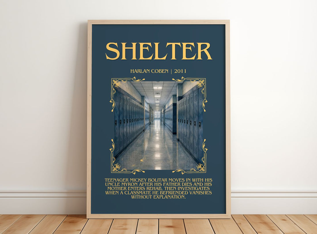 Shelter Minimalist Book Poster by Harlan Coben – framed print leaning on a wooden floor
