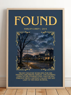 Found Minimalist Book Poster by Harlan Coben – framed print leaning on a wooden floor