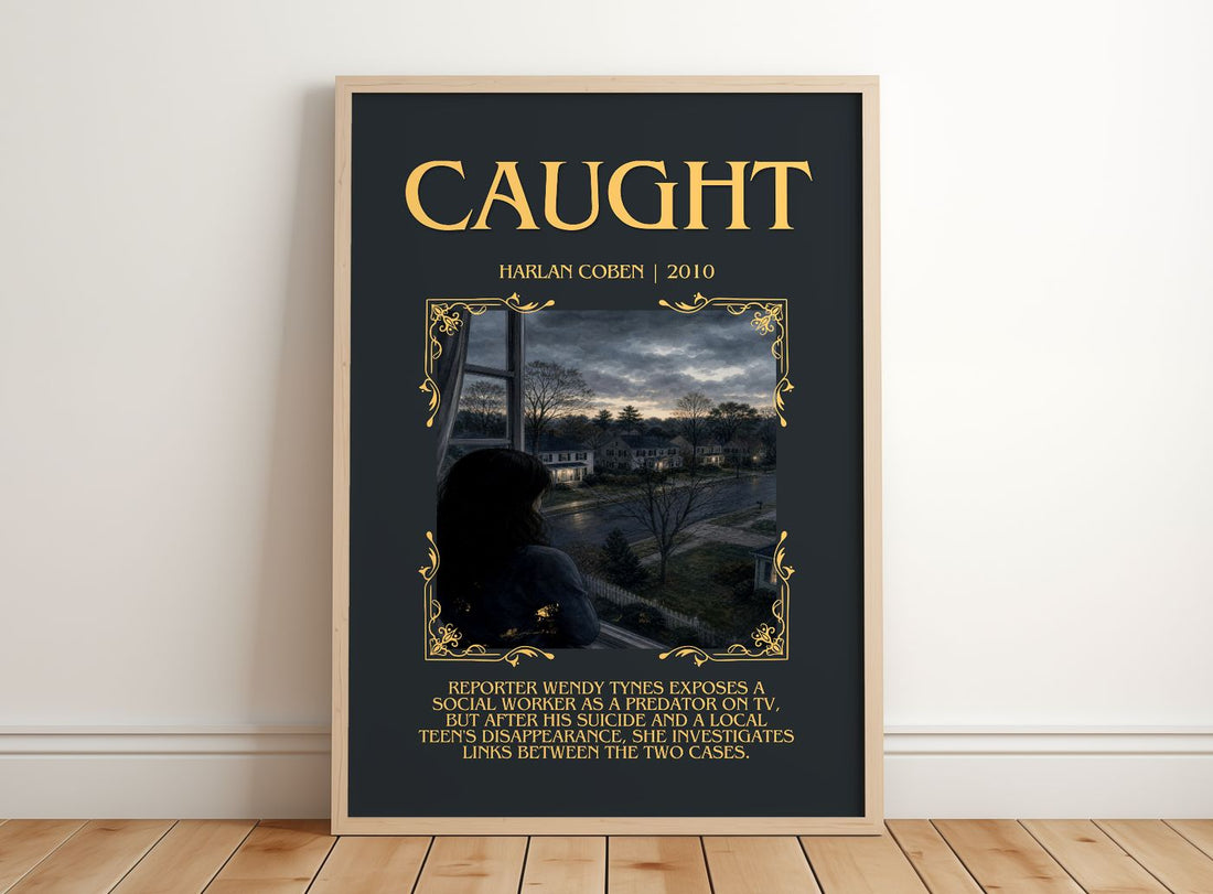 Caught Minimalist Book Poster by Harlan Coben – framed print leaning on a wooden floor
