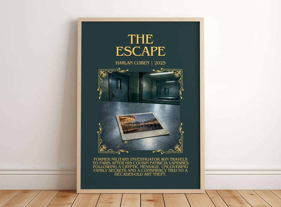 The Escape Minimalist Book Poster by Harlan Coben – framed print leaning on a wooden floor