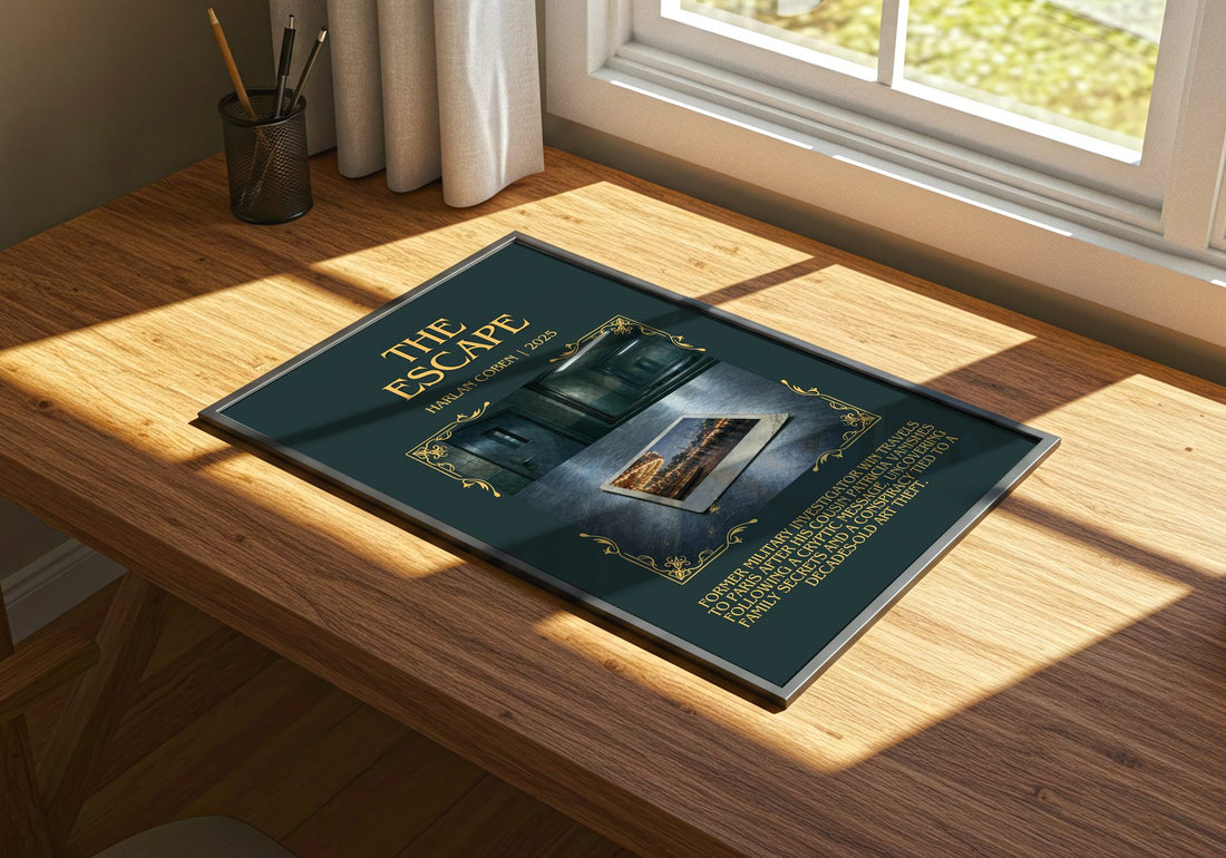 The Escape Minimalist Book Poster by Harlan Coben – print on a sunlit desk