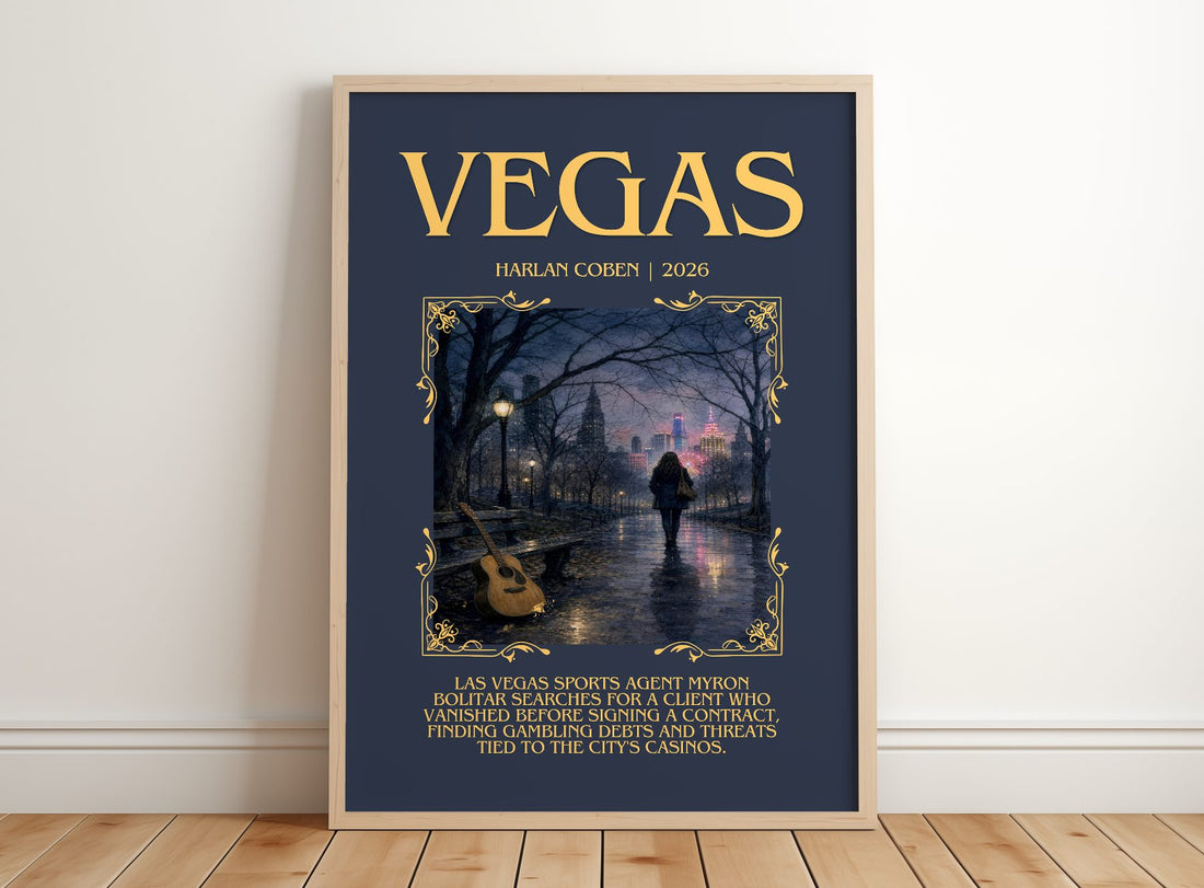 Vegas Minimalist Book Poster by Harlan Coben – framed print leaning on a wooden floor
