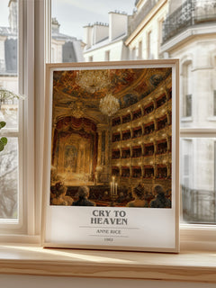Cry To Heaven book cover print in frame leaning in hallway – historical fiction wall art