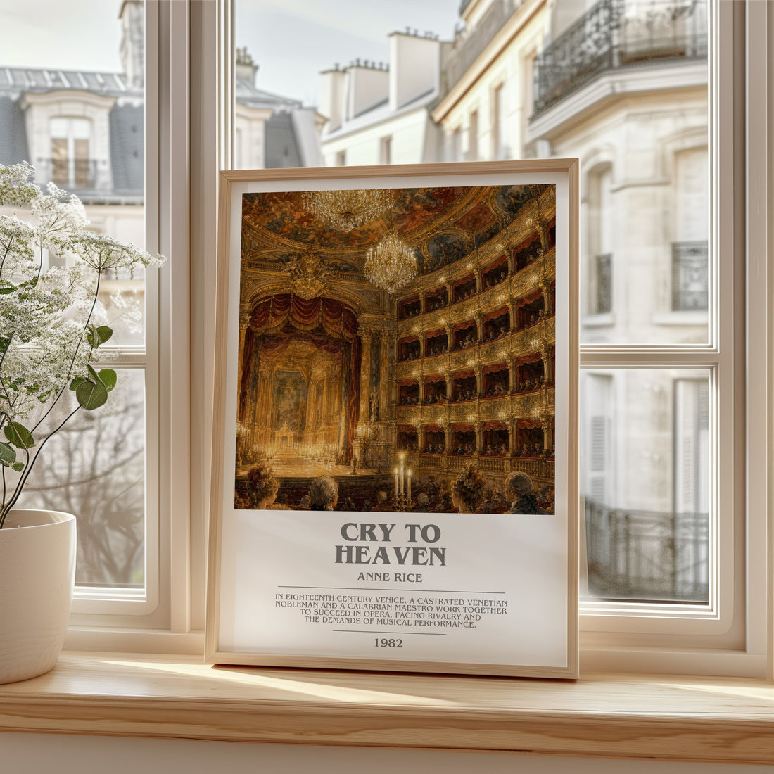 Cry To Heaven bookish print in frame leaning in hallway – historical fiction wall art