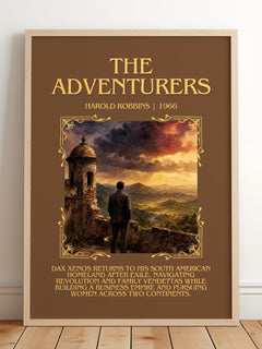 The Adventurers Minimalist Book Poster by Harold Robbins – framed print leaning on a wooden floor