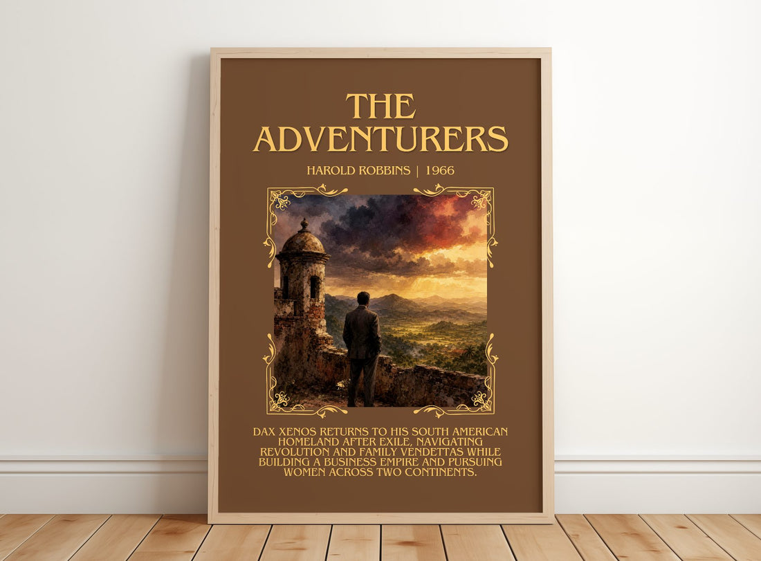 The Adventurers Minimalist Book Poster by Harold Robbins – framed print leaning on a wooden floor